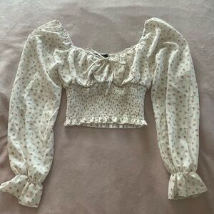 white shirt, with flower print,  long puffed sleeves, cropped, size xs